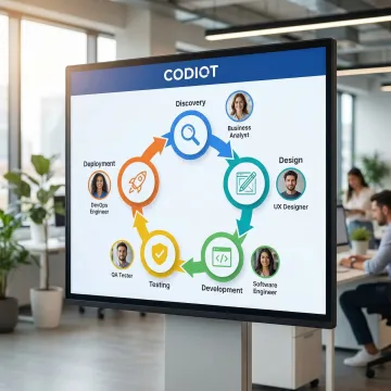 Software development process flowchart with team collaborating on each stage