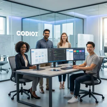 Custom software development team collaborating on code and digital solutions