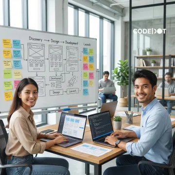 Web development process workflow diagram on a whiteboard