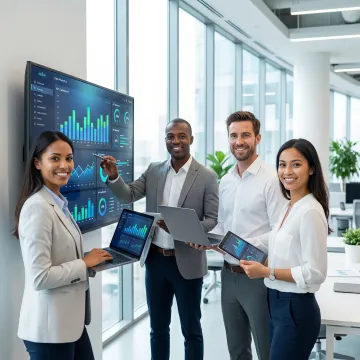 Data analytics team collaborating on business intelligence strategy using data visualization tools