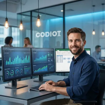 Data analytics consultant reviewing dashboards and business intelligence reports on multiple screens