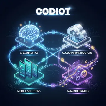 Codiot enterprise technology solutions illustration showing connected digital services