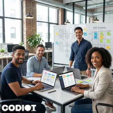 Developers collaborating on MVP mobile and web app development on laptops and whiteboards