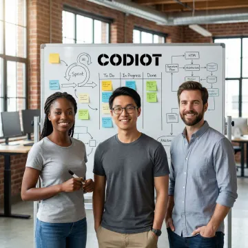 Enterprise web development process workflow diagram on a whiteboard in a tech office