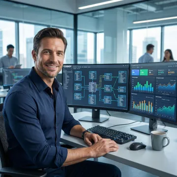 Data architecture consultant reviewing database infrastructure diagrams on a large monitor