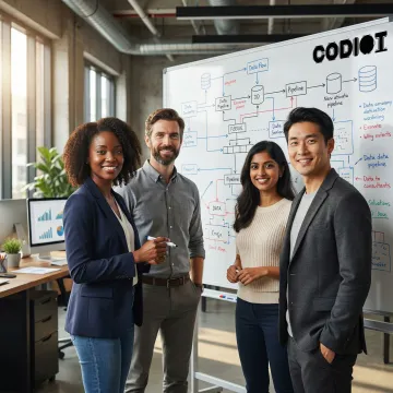 Data engineering team collaborating on architecture planning with flowcharts and diagrams