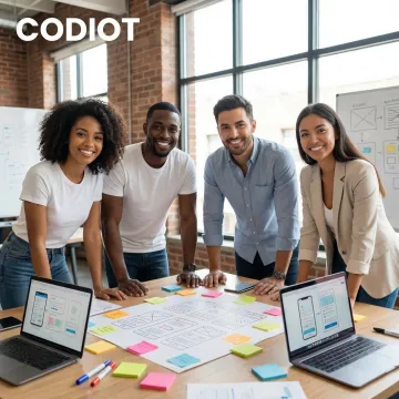 Startup team collaborating on MVP development with laptops and wireframes