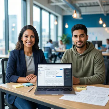 A startup founder reviewing a custom MVP prototype on a laptop with a developer