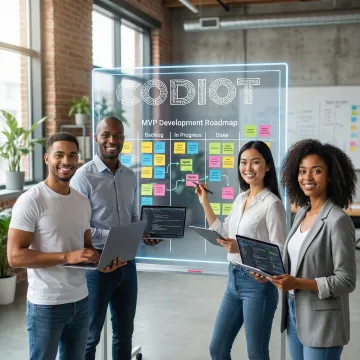 Development team collaborating on a startup MVP roadmap on a digital whiteboard