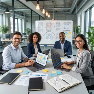 Developers collaborating on a custom MVP app development project on laptops and whiteboards