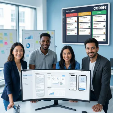 Software development team following an agile MVP development process on a digital task board