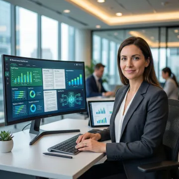 AI governance consultant reviewing ethical AI framework on a digital dashboard