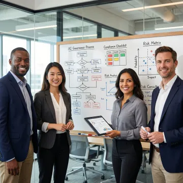 Team of consultants collaborating on an AI governance strategy whiteboard session