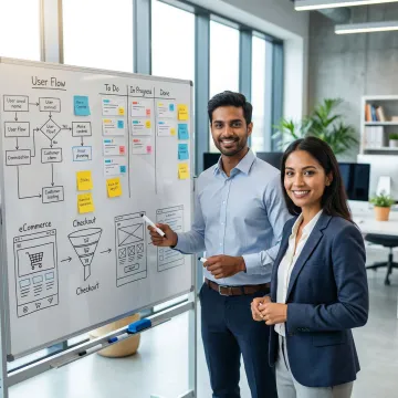 Software development process steps illustrated on a whiteboard with sticky notes and diagrams