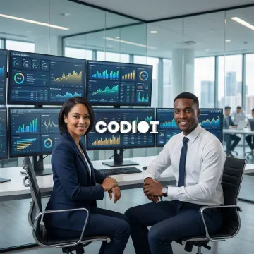 Financial analysts reviewing banking data dashboards on multiple screens