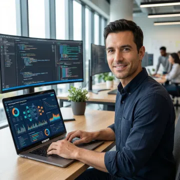 AI developer reviewing large language model training pipeline on a laptop in a modern tech office