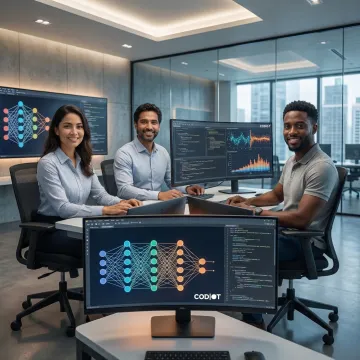 Software engineers collaborating on large language model development with AI code on multiple screens