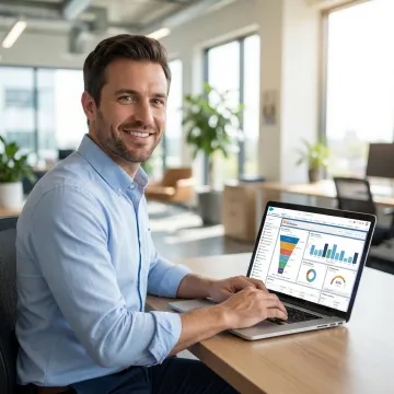 Salesforce implementation consultant configuring CRM dashboard on a laptop