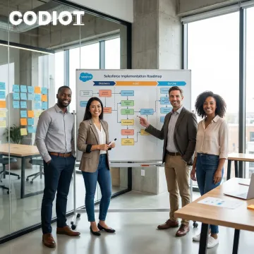 Salesforce implementation team reviewing project roadmap on a whiteboard