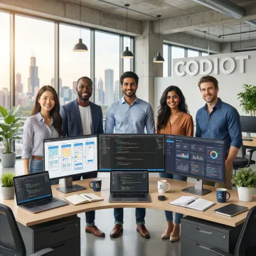 Application development team collaborating on software project in Chicago office