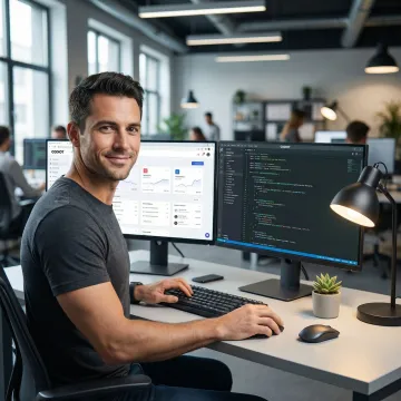 Developer building a custom web application on dual monitors with clean UI