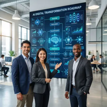 AI solutions team presenting digital transformation strategy on a large screen