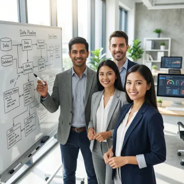 Database consulting team collaborating on a data pipeline workflow diagram on a whiteboard