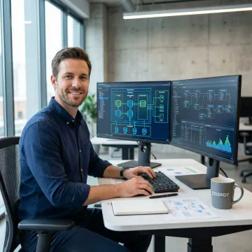 Database consultant reviewing data architecture diagrams on dual monitors in a modern office