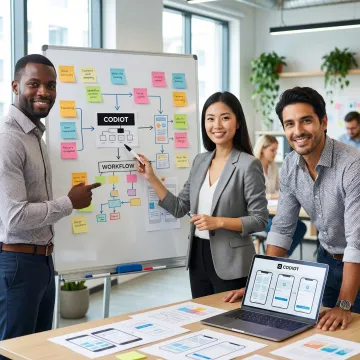 Step-by-step engineering and design consulting workflow on whiteboards and screens