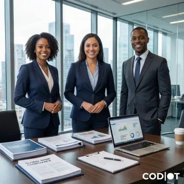 Compliance professionals reviewing banking regulatory documents at a conference table