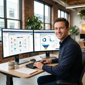 Salesforce CDP developer working on customer data platform in a modern US office