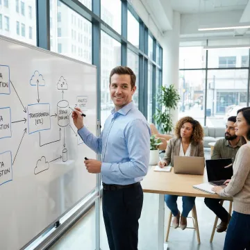 Data engineering consultant mapping out a data integration process on a whiteboard