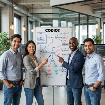 Technical team reviewing an API integration architecture diagram on a whiteboard during a planning session