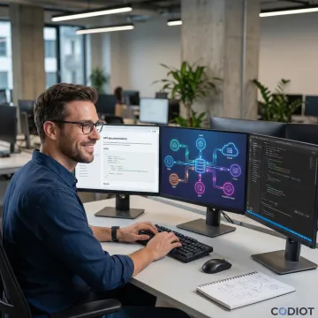 Software developer connecting multiple digital platforms through custom API integration on a computer screen