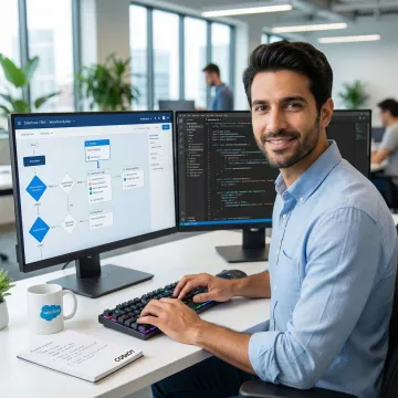 Salesforce developer reviewing CRM customization workflow on a laptop