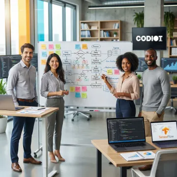 Data science team collaborating on predictive model development workflow on whiteboards and laptops