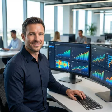 Data analyst reviewing predictive analytics dashboards and forecast charts on multiple screens