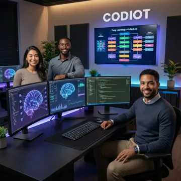 Custom AI solutions team working on data models and intelligent software development