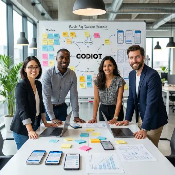 Step-by-step mobile app development process illustrated on a whiteboard