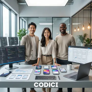 Mobile app design and development team collaborating on UI screens and code