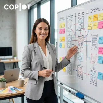 UX designer mapping out a user journey on a whiteboard with sticky notes and flowcharts