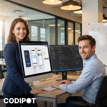 Designer handing off annotated UI design files to a developer on a laptop