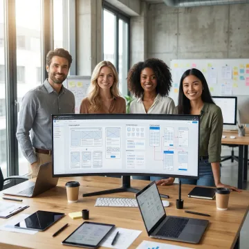 Enterprise UI/UX design team collaborating on application wireframes and prototypes