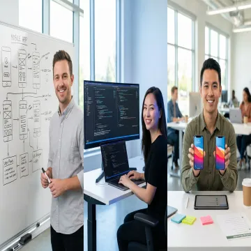 Mobile app development process showing design, coding, and testing stages on screens