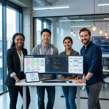 Custom mobile app development team working on cross-platform application design and coding