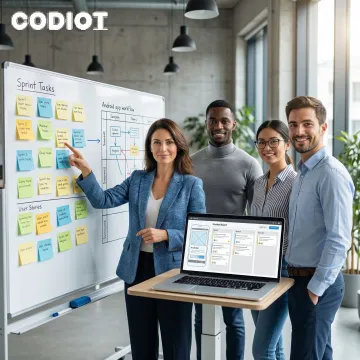 Android app development team collaborating through an agile development process