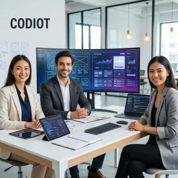 B2B design agency team collaborating on UI/UX and AI product design for a technology company