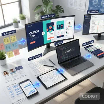 Mobile app development process showing design, prototyping, and coding stages on a timeline