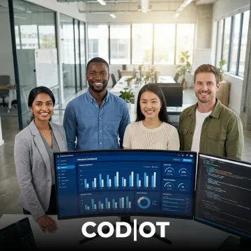 Enterprise web development team collaborating on custom digital solutions