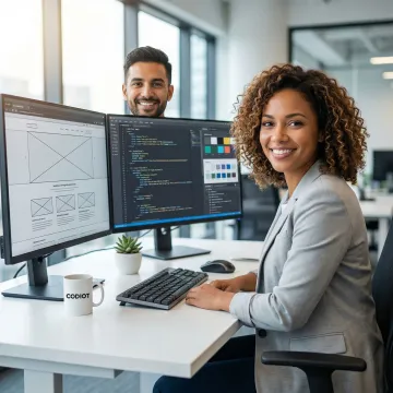 Web designer and developer collaborating on a modern responsive website layout on dual monitors